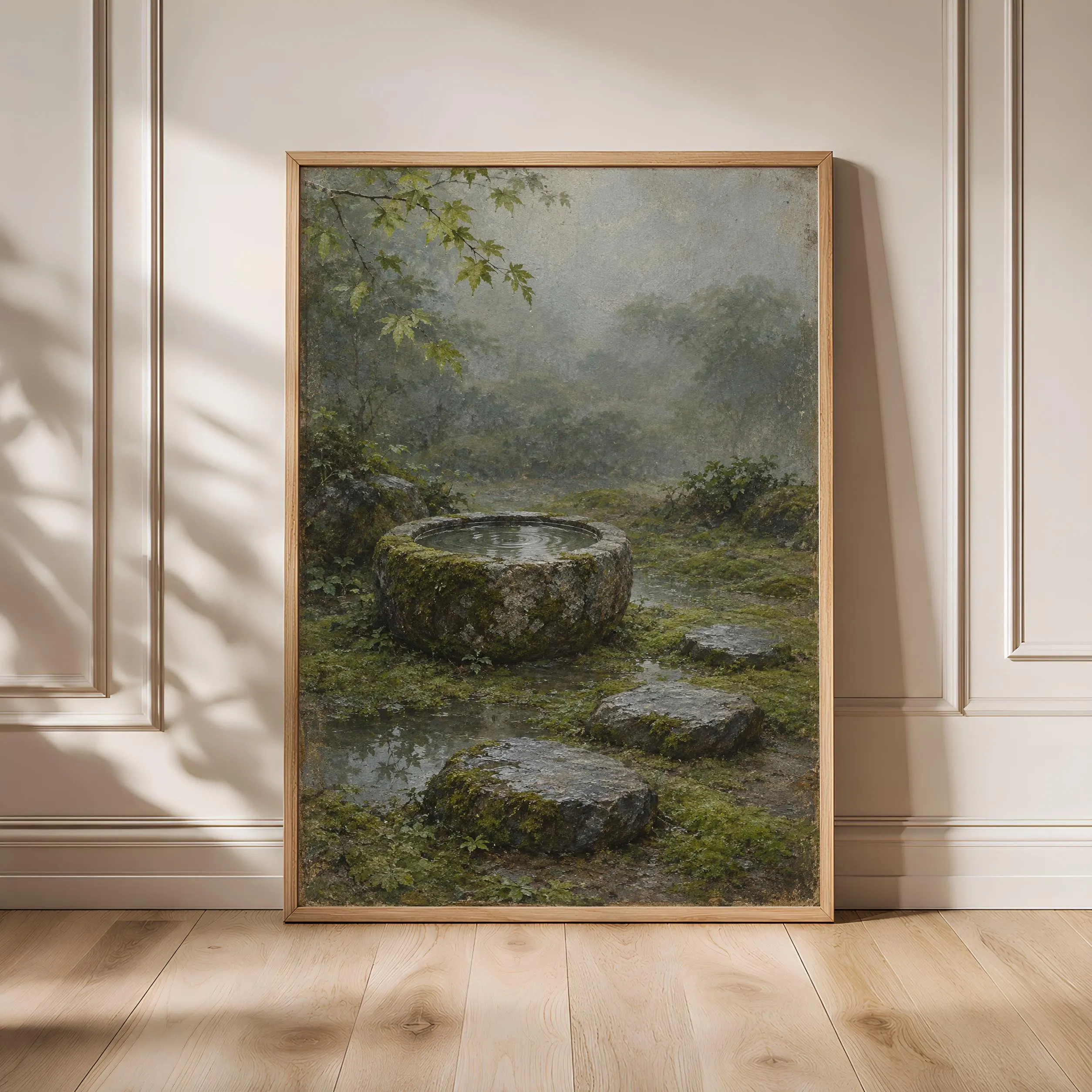 Japanese Rain Garden Wall Art, Mossy Stone Basin Oil Painting, Zen Decor – Calm Wall Art by Artsify - Image 1