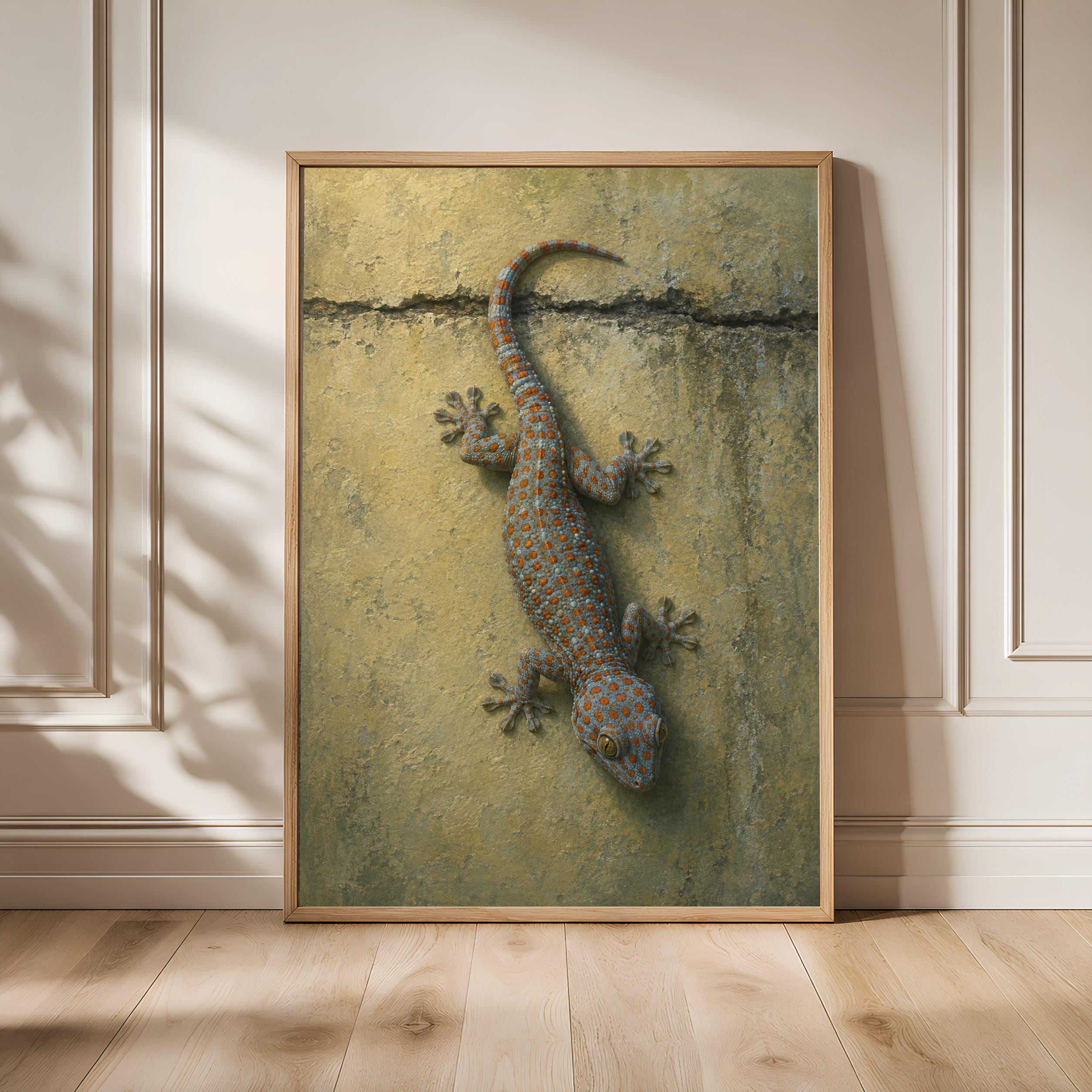 Tokay Gecko Wall Art, Head-First Climbing Reptile Oil Print – Calm Wall Art by Artsify - Image 1