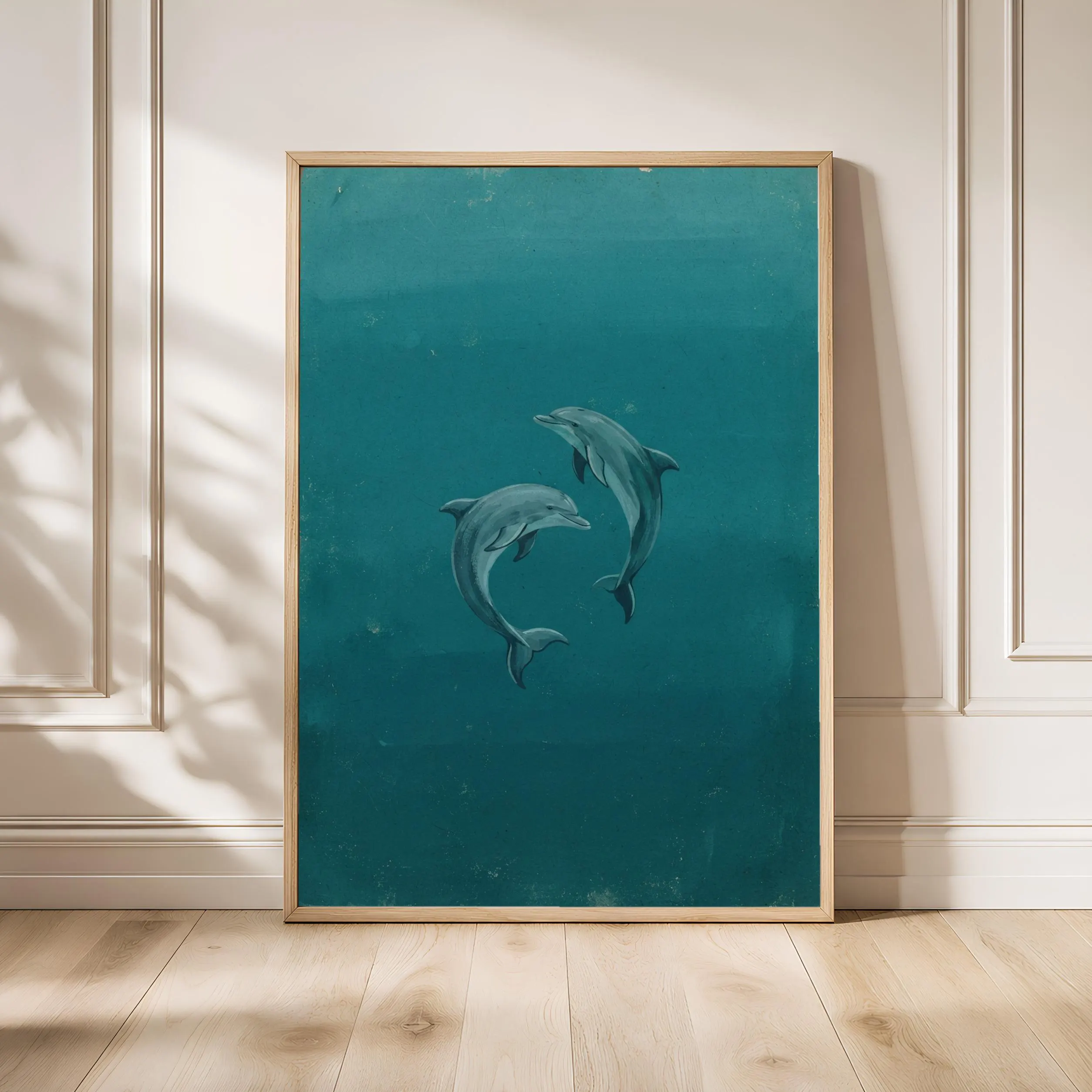 Dolphin Wall Art, Teal Minimalist Ocean Painting, Vintage Coastal Print, Housewarming Gift – Calm Wall Art by Artsify - Image 1