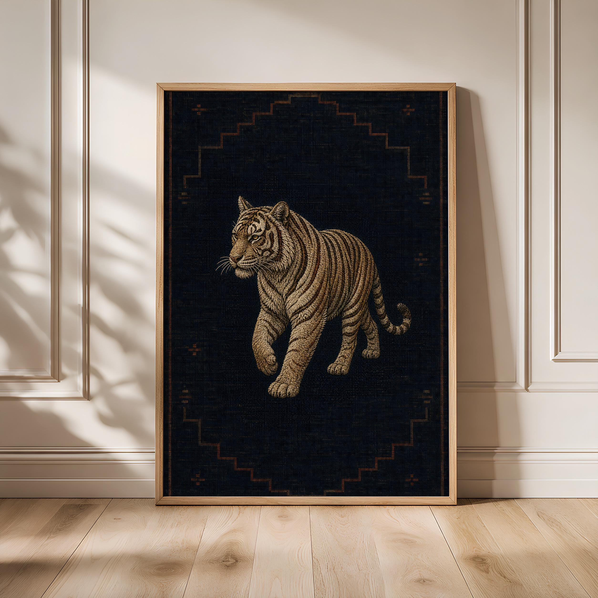 Embroidered Tiger Print, Minimalist Kilim Wall Art, Navy Boho Poster, Housewarming Gift – Calm Wall Art by Artsify - Image 1