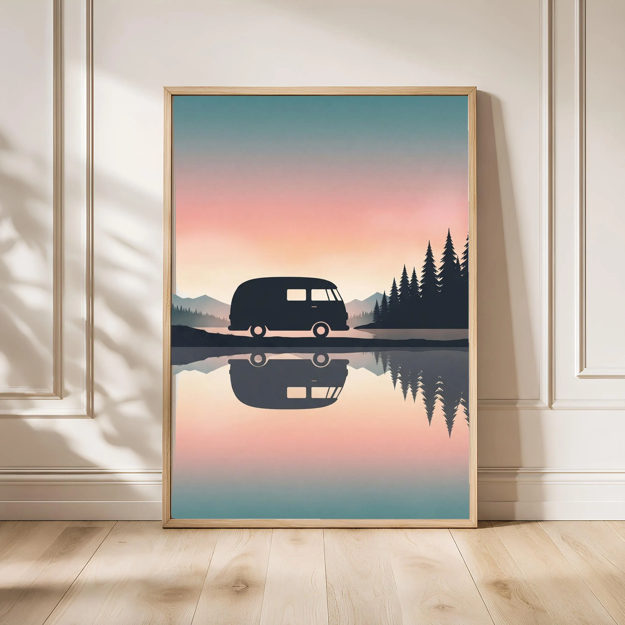 Retro Camper Van Print, Mountain Lake Camping Poster, Teal Wall Art, Vanlife Decor, Housewarming Gift – Calm Wall Art by Artsify - Image 1