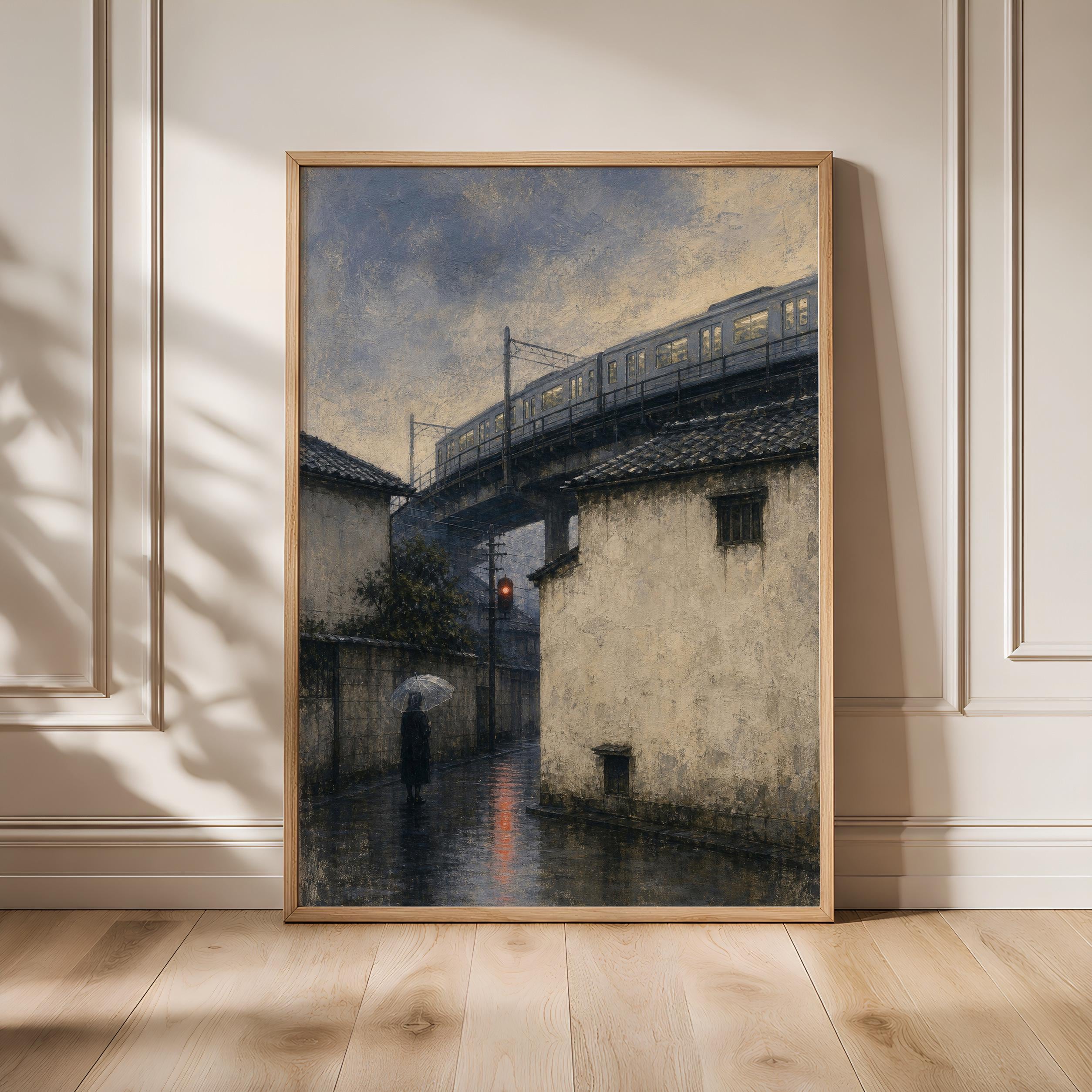 Tokyo Rain Painting Print, Japanese Cityscape Wall Art, Vintage Train Poster, Urban Night Decor, Housewarming Gift – Calm Wall Art by Artsify - Image 1