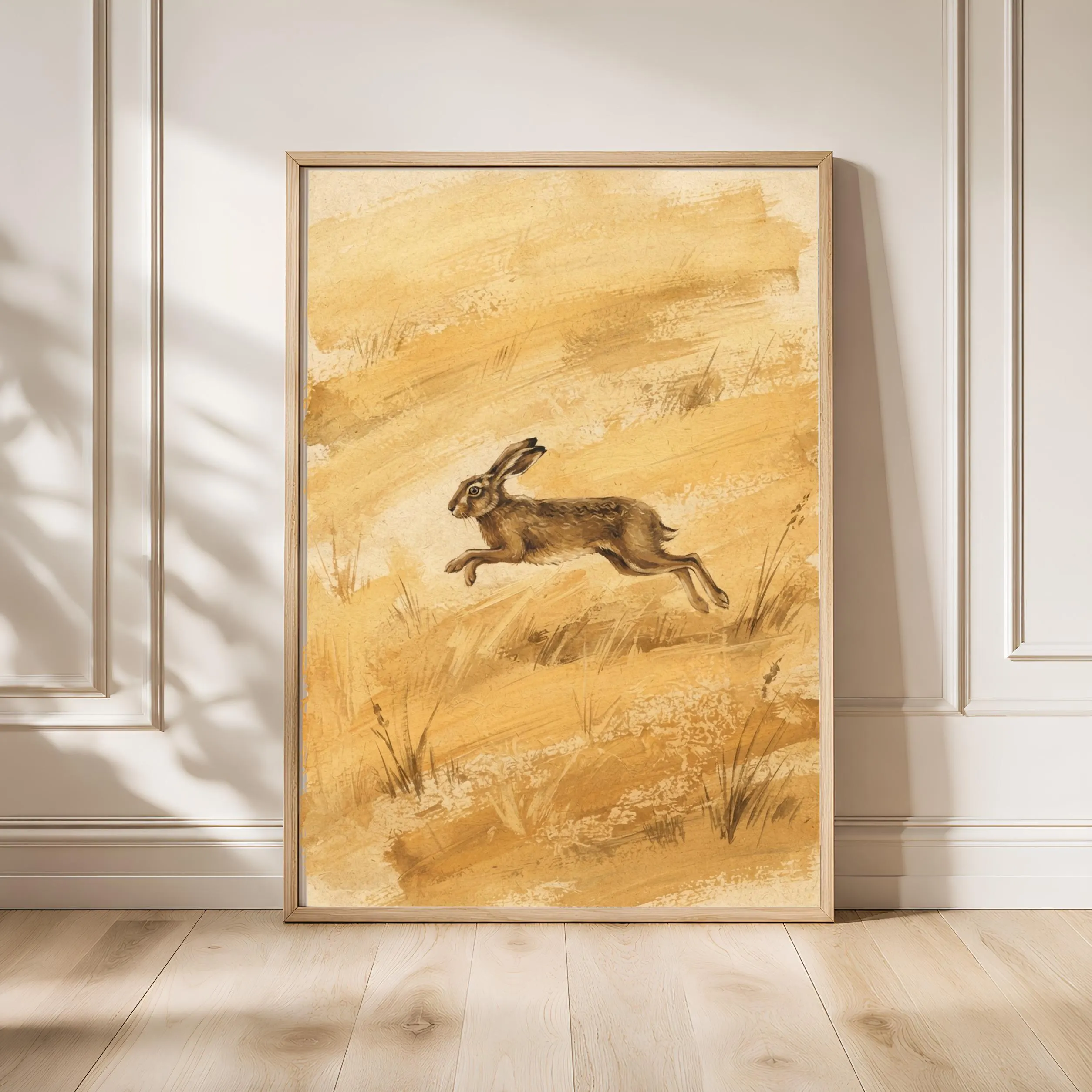 Bounding Hare Wall Art, Golden Minimalist Meadow Painting, Vintage Countryside Print, Housewarming Gift – Calm Wall Art by Artsify - Image 1