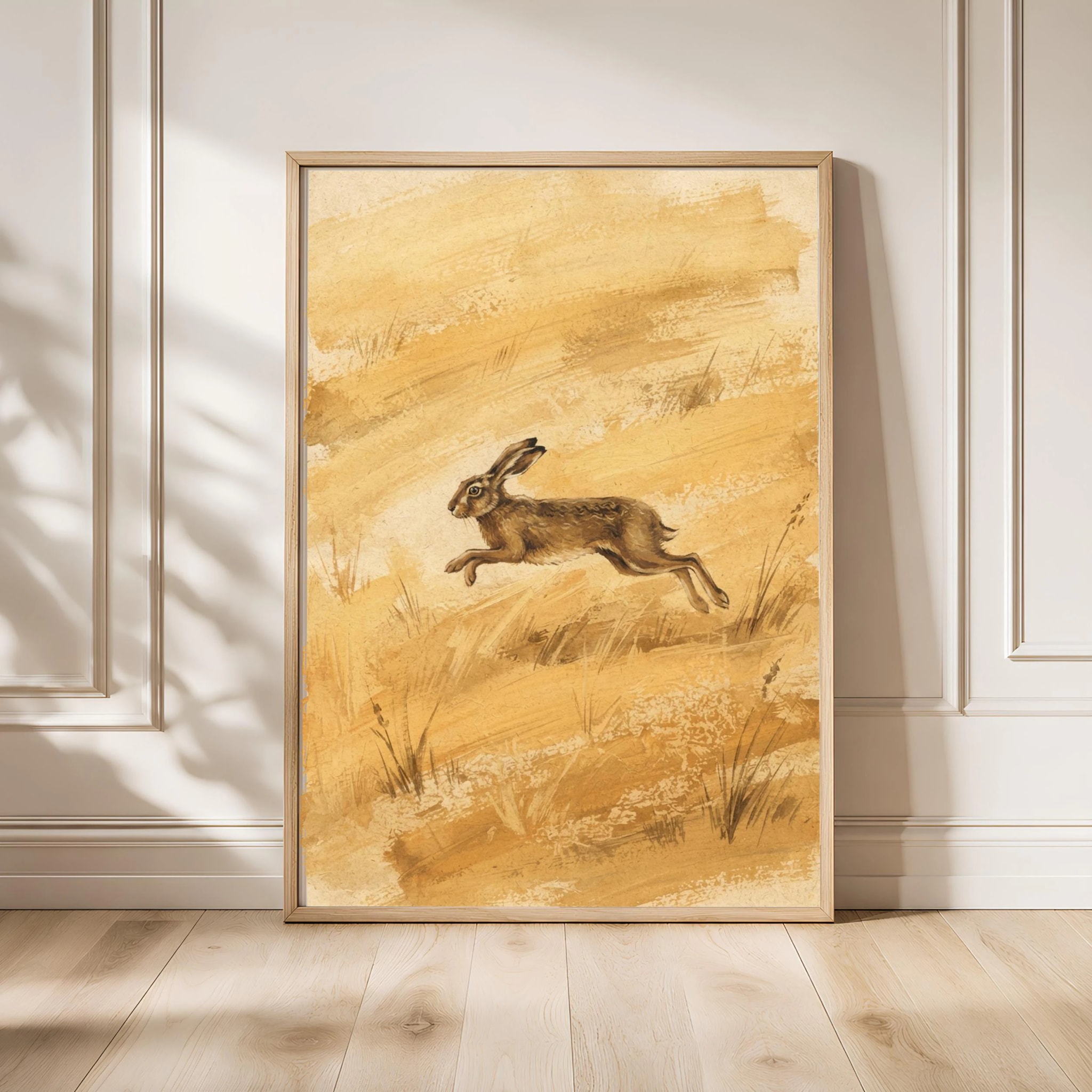 Bounding Hare Wall Art, Golden Minimalist Meadow Painting, Vintage Countryside Print, Housewarming Gift – Calm Wall Art by Artsify