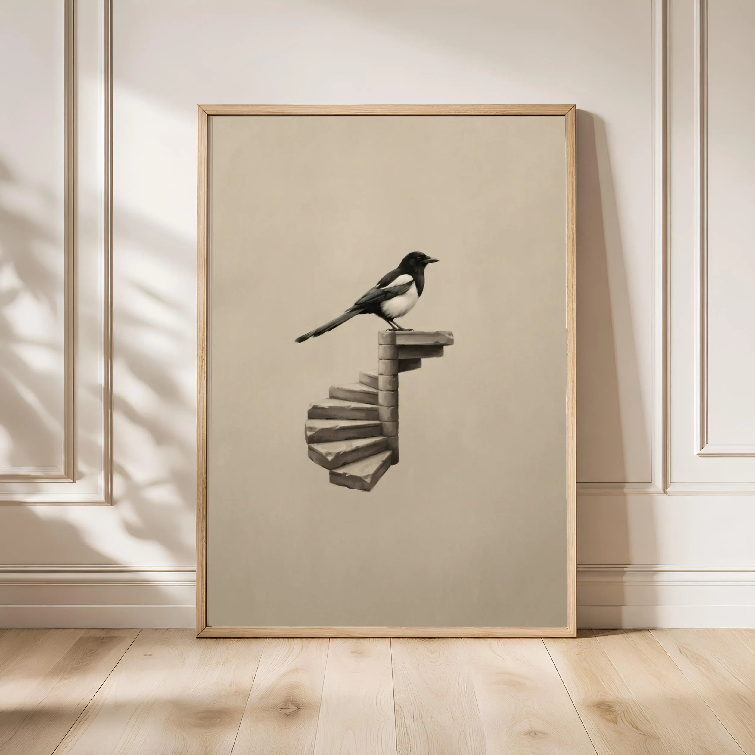 Surreal Magpie Wall Art Print, Floating Staircase Poster, Black Beige Bird Decor, Minimalist Surreal Art, Housewarming Gift – Calm Wall Art by Artsify - Image 1